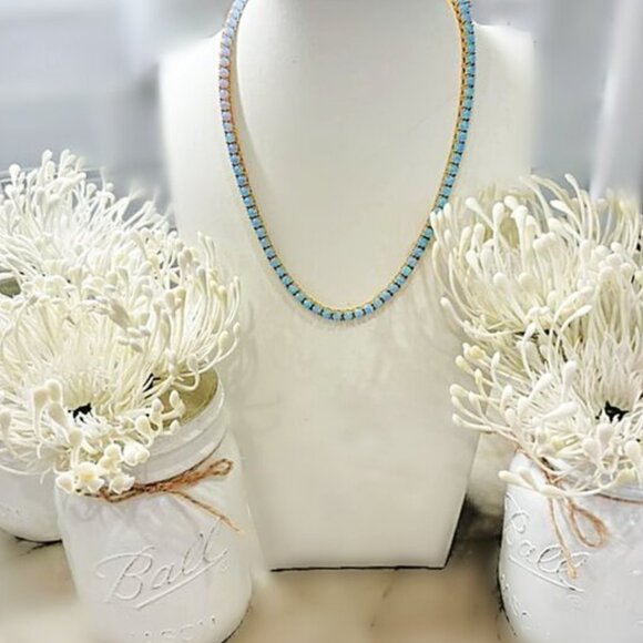 Shimmering Simulated Blue or White Opal Tennis 18K Gold Plated Necklace 16" - Picture 7 of 9